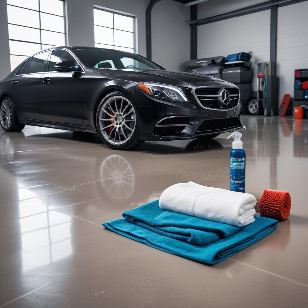 A comprehensive car cleaning kit ready for a home detailing session.